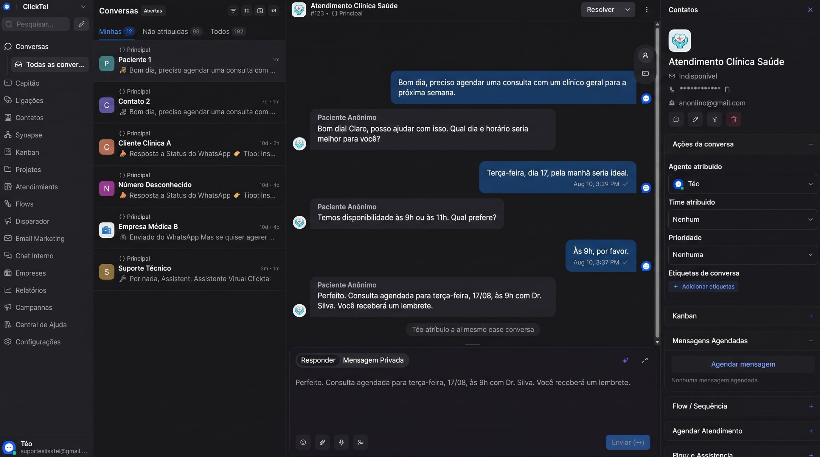 Interface de atendimento e CRM do Clicktel