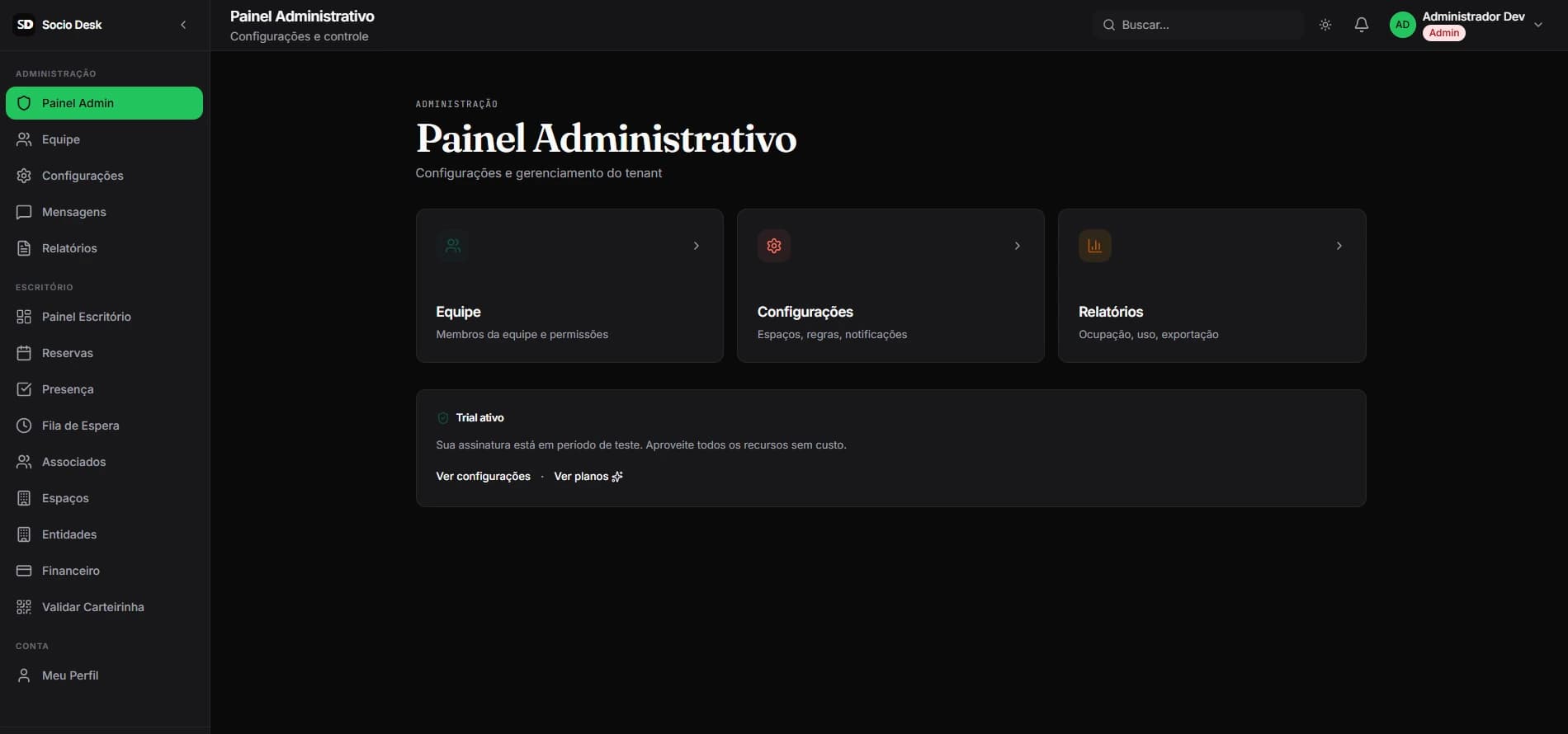 Dashboard administrativo do Sociodesk