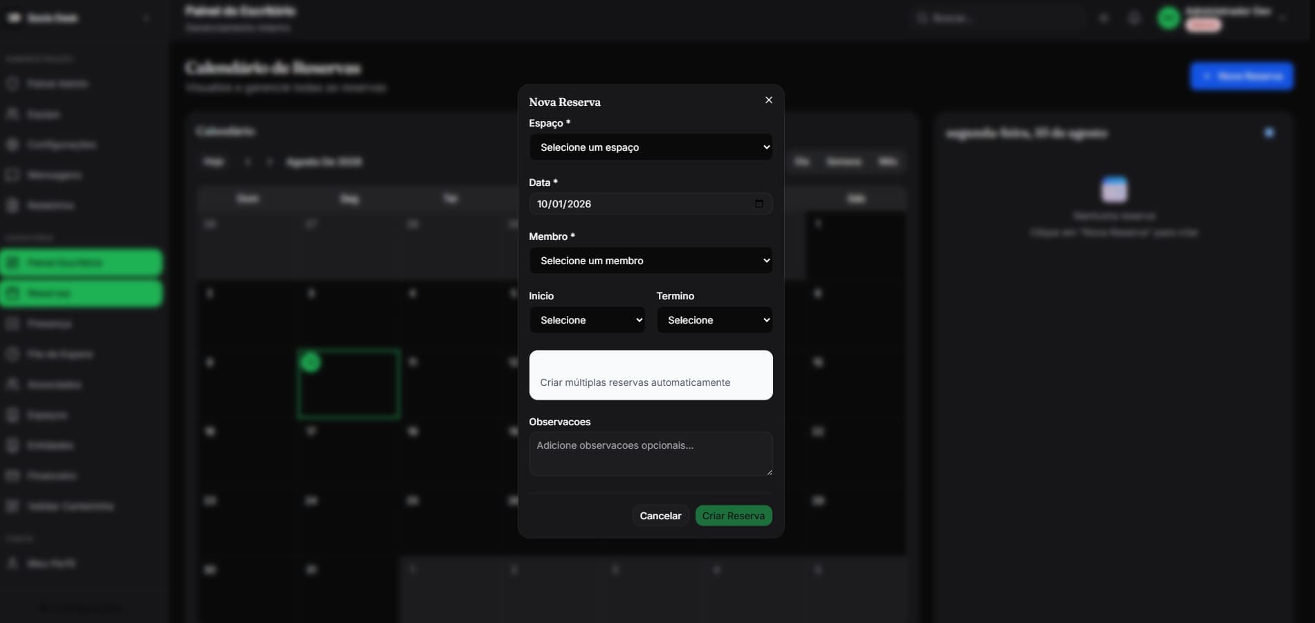 Sistema de reservas e gestão de espaços do Sociodesk